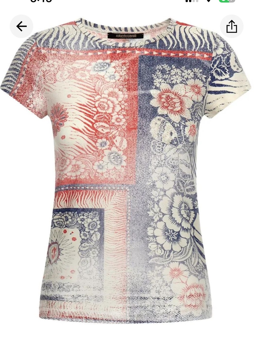 NWT Roberto Cavalli Short Sleeve Floral Patchwork Top - Blue, Coral & Cream